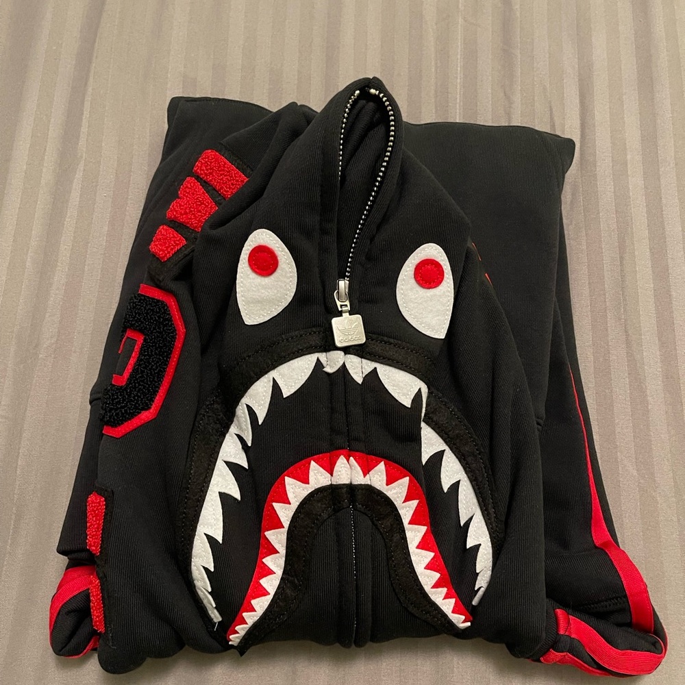 Bape Black and Red Zip Up Sweater with Shark Design
